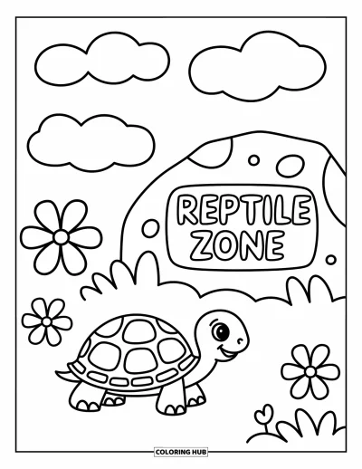 Tegning af zoo til børn: En lille skildpadde går forbi en sten med teksten Reptile Zone, med blomster og skyer rundt om