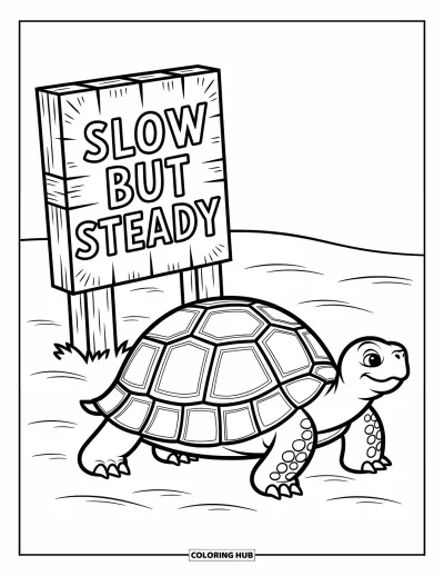 Tegning af zoo til børn: En skildpadde trasker forbi et skilt med "Slow but Steady" nær sand og enkle teksturer