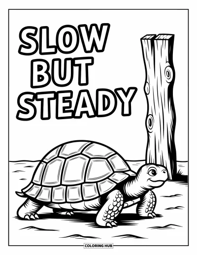 Tegning af zoo til børn: En skildpadde går nær et træskilt med teksten "Slow but Steady" i et sandet område
