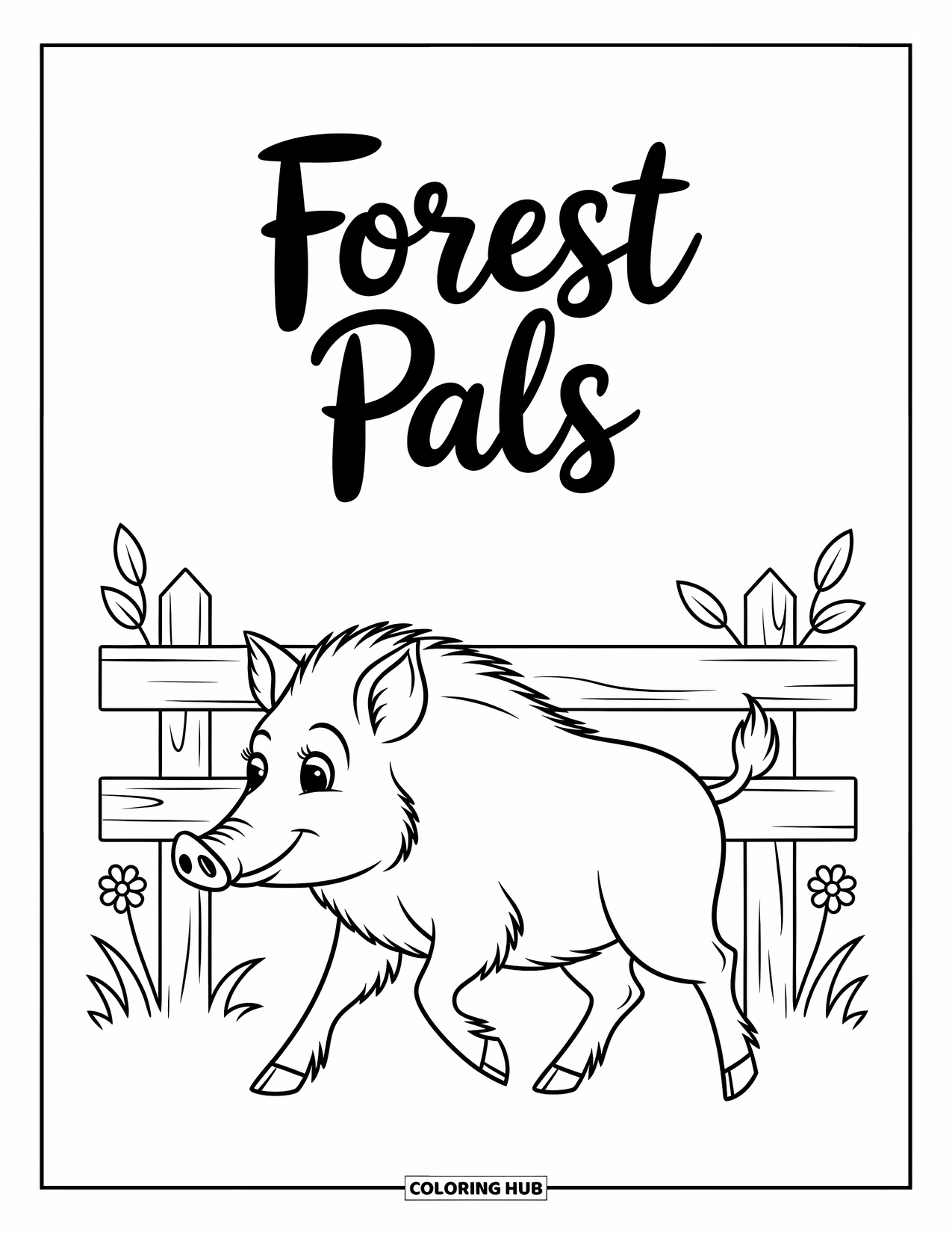 Zoo Coloring Page for Kids: A wild boar trots past a wooden fence labeled Forest Pals with leaves and flowers nearby