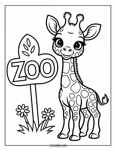 Tegning af zoo til børn: En ung giraf står rank ved siden af et bladformet zooskilt