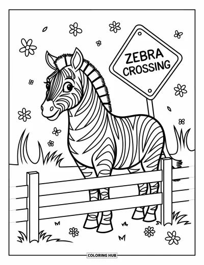 Tegning af zoo til børn: En zebra står roligt bag et hegn nær blomster, sommerfugle og et Zebra Crossing-skilt