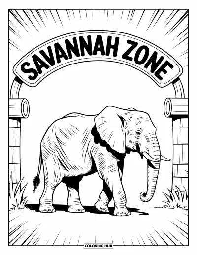 Tegning af zoo til børn: En elefant går under en Savannah Zone-bue med spredte træer og græs rundt om