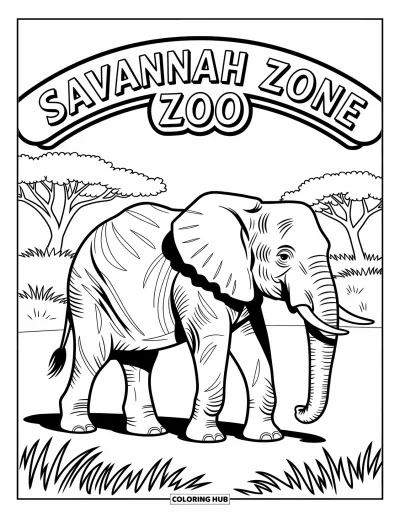 Tegning af zoo til børn: En elefant går under Savannah Zone-buen med højt græs og spredte træer i nærheden