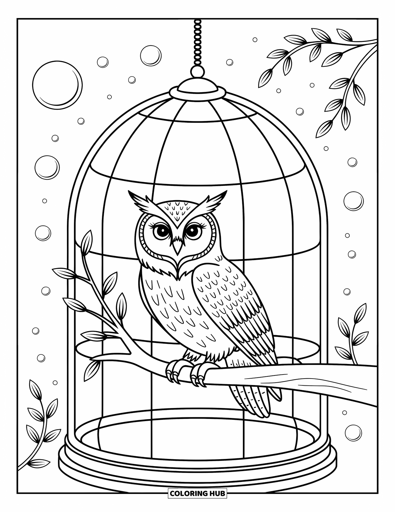 Zoo Coloring Page for Kids: An owl perches on a branch inside a dome aviary with bubbles and birds floating nearby