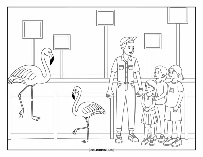 Tegning af zoo til børn: Børn og en dyrepasser samles nær flamingoer med skilte i en munter zooscene