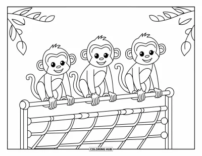 Tegning af zoo til børn: Aber svinger, klatrer og sidder på et jungleklatrestativ i en sjov zooscene