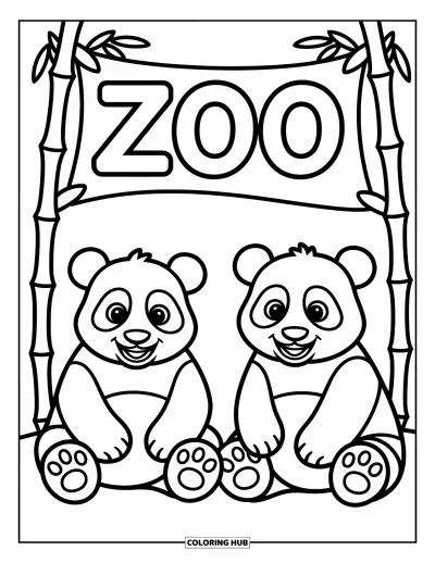 Tegning af zoo til børn: Pandaer hviler under et zoobanner, mens bambusstængler stikker frem fra siderne