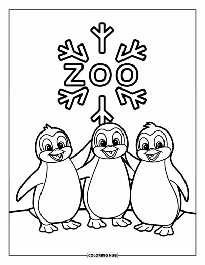 Tegning af zoo til børn: Pingviner med store øjne klumper sig sammen ved et snefnugformet zooskilt i en vinterscene