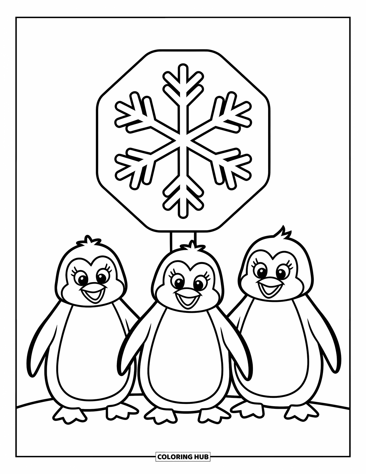 Zoo Coloring Page for Kids: Three penguins stand together beside a snowflake-shaped zoo sign in a snowy setting