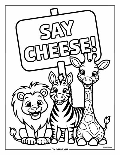 Tegning af zoo til børn: Tre smilende dyr samles ved et Say Cheese!-skilt som et zoofotoøjeblik