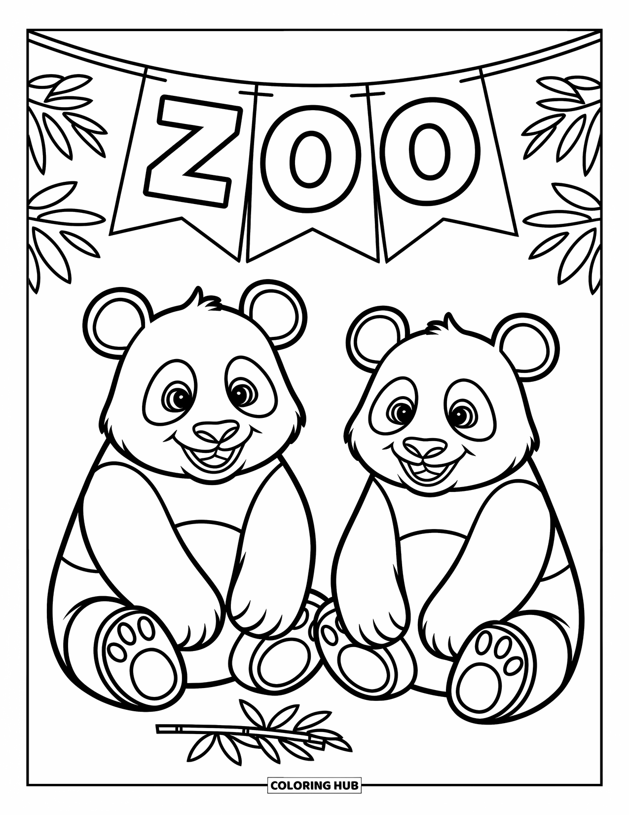 Zoo Coloring Page for Kids: Two pandas sit together under a zoo banner with a bunch of bamboo nearby