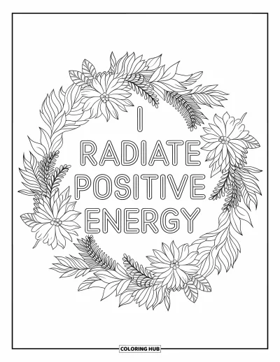 Affirmationstegning til voksne: En blomstrende sukkulent-mandala rummer sætningen "I Radiate Positive Energy"