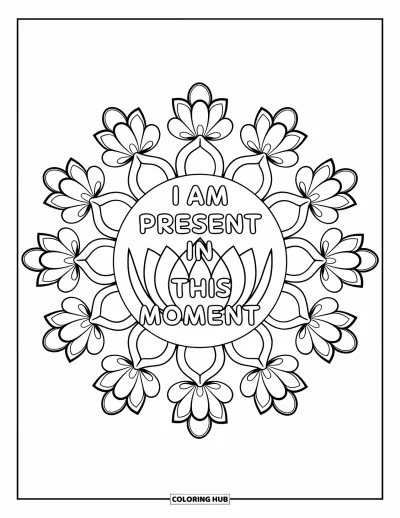 Affirmationstegning til voksne: En central lotus forankrer sætningen "I Am Present in This Moment"