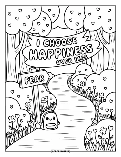 Affirmationstegning til voksne: En charmerende skovsti inviterer dig med ordene "I choose happiness over fear"