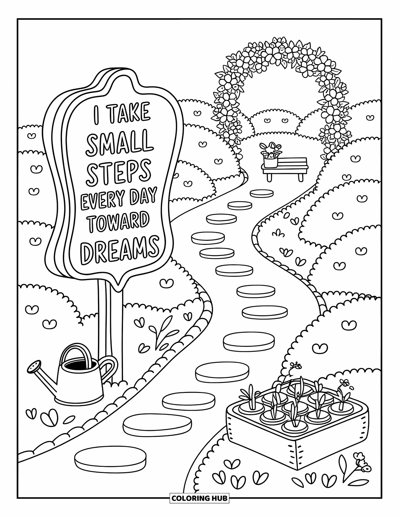 Affirmation Coloring Page for Adults: A cozy garden path winds past a trail marker that says "I take small steps every day"