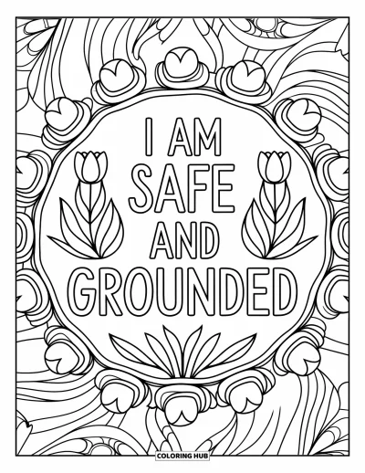 Affirmationstegning til voksne: En blid tulipan-mandala omgiver ordene "I Am Safe and Grounded"