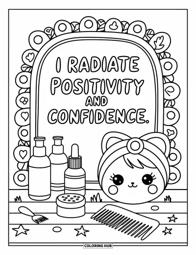 Affirmationstegning til voksne: Et hyggeligt spejlhjørne lyser med "I radiate positivity and confidence"