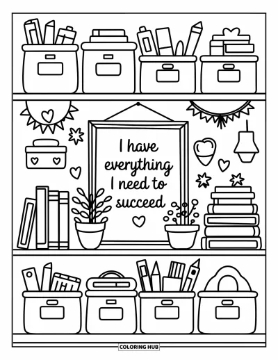 Affirmationstegning til voksne: En hyggelig hylde med bøger og redskaber nær citatet "I have everything I need"