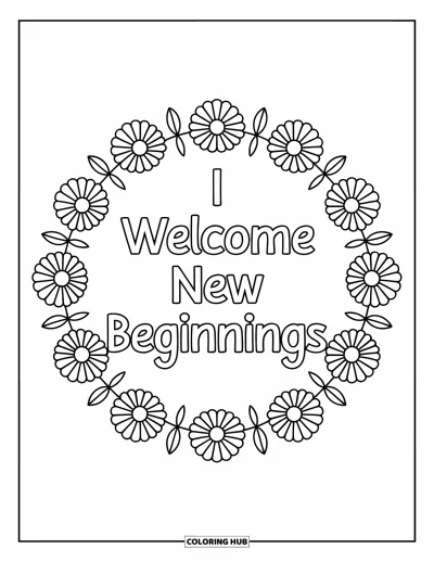 Affirmationstegning til voksne: En tusindfryd-mandala omgiver ordene "I Welcome New Beginnings"