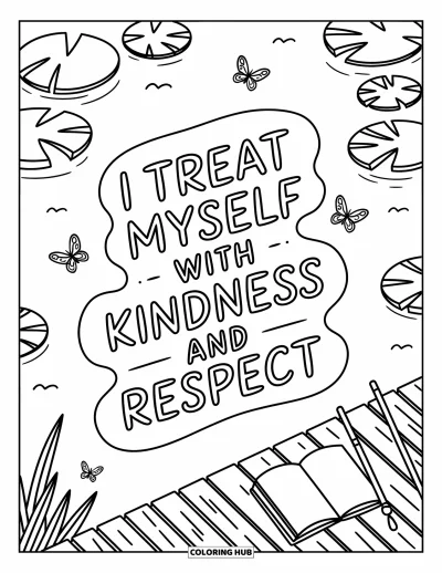 Affirmationstegning til voksne: En bro rummer en skitsebog og citatet "I treat myself with kindness and respect"
