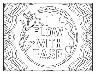 Affirmationstegning til voksne: En blomstret lilje-mandala omslutter "I Flow with Ease"