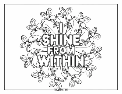 Affirmationstegning til voksne: En orkidé-mandala omgiver ordene "I Shine from Within"