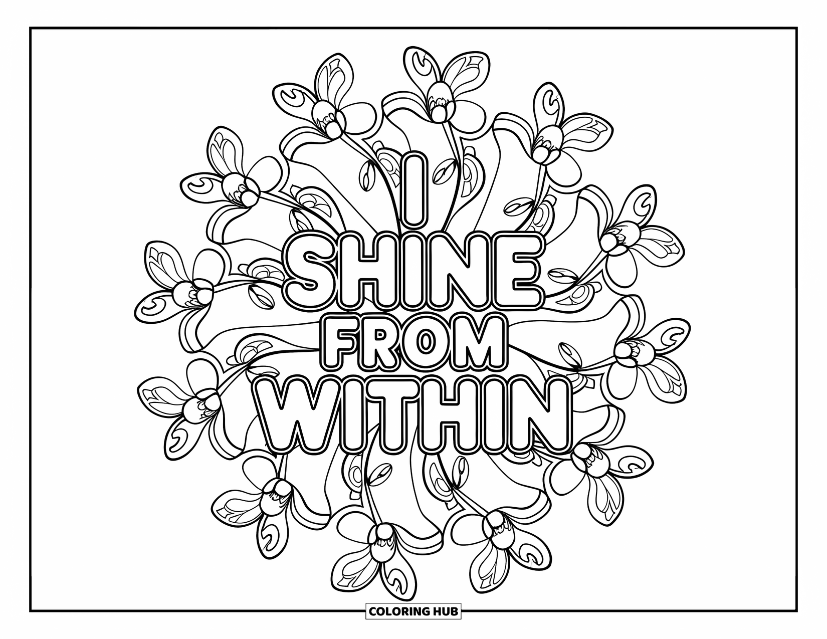 Affirmation Coloring Page for Adults: A floral mandala of orchids surrounds the words "I Shine from Within"