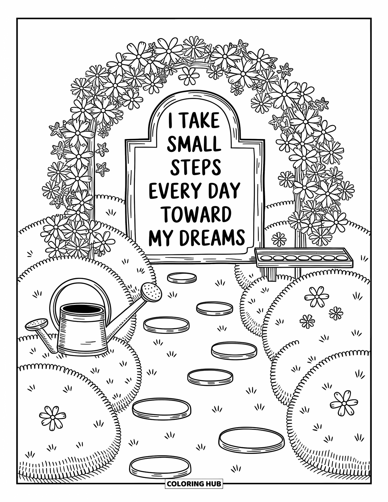 Affirmation Coloring Page for Adults: A flowering archway shades a sign that says "I take small steps every day"