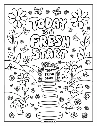 Affirmationstegning til voksne: En blomstret sti fører til et boblende skilt med "Today is a fresh start"