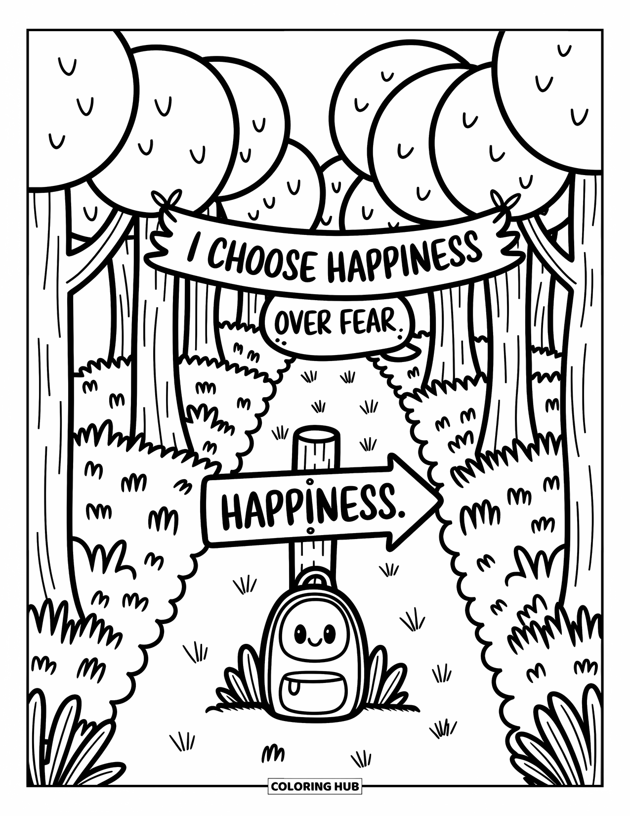 Affirmation Coloring Page for Adults: A forest trail splits toward "Fear" and "Happiness" with a sign saying "I choose happiness over fear"