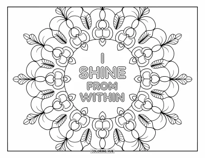Affirmationstegning til voksne: En helsides orkidé-mandala blomstrer om sætningen "I Shine from Within"