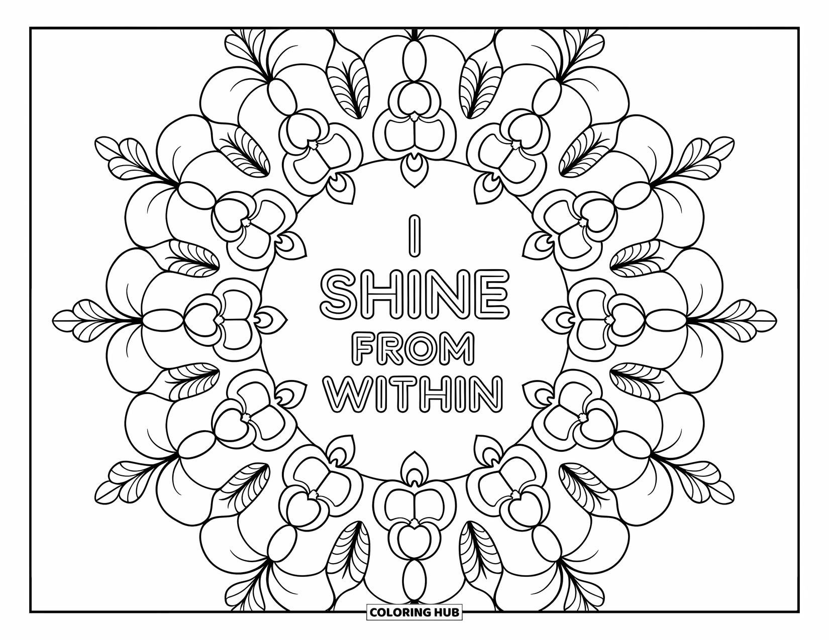 Affirmation Coloring Page for Adults: A full-page orchid mandala blooms around the phrase "I Shine from Within"