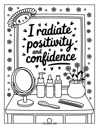 Affirmationstegning til voksne: Et hårbånd og blomster sidder ved et spejl med citatet "I radiate positivity and confidence"