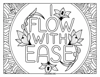 Affirmationstegning til voksne: En lilje-mandala slynger sig sagte om "I Flow with Ease"