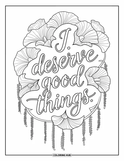 Affirmationstegning til voksne: En pragtstjerne-mandala blomstrer med budskabet "I Deserve Good Things"