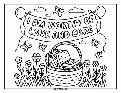 Affirmationstegning til voksne: En fredelig picnic-scene rummer et kærligt budskab: "I am worthy of love and care"
