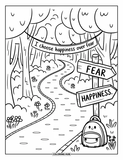 Affirmationstegning til voksne: En fredelig skovsti rummer et banner med "I choose happiness over fear"