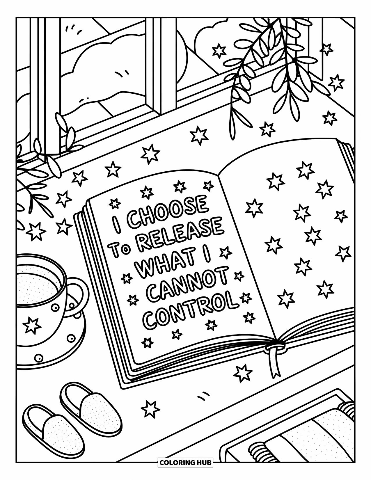 Affirmation Coloring Page for Adults: A rainy window frames a cozy scene with the quote "I choose to release what I cannot control"