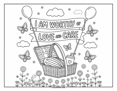 Affirmationstegning til voksne: En sandwich og juice hviler under et banner med "I am worthy of love and care"