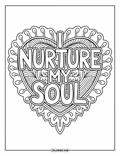 Affirmationstegning til voksne: En blid mandala af hjerter og blade vogter om "I Nurture My Soul"