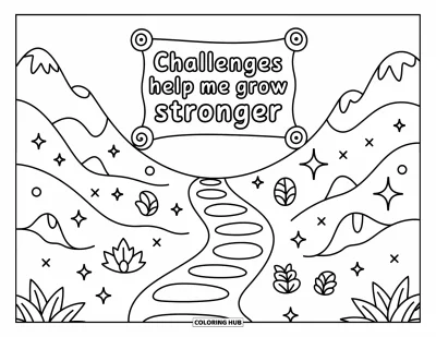 Affirmationstegning til voksne: En blid sti snoer sig til et rulleskiltet med "Challenges help me grow stronger"