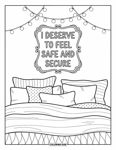Affirmationstegning til voksne: Et varmt soveværelse gløder med lyskæde og en ramme med "I deserve to feel safe"