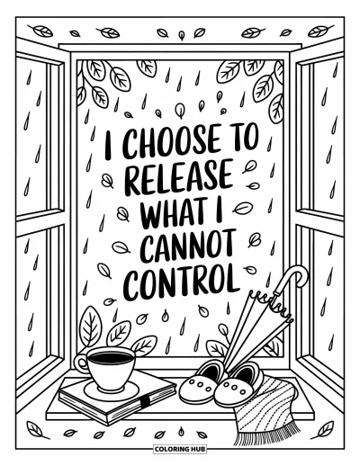 Affirmationstegning til voksne: En varm krog med te og en dagbog minder om: "I choose to release what I cannot control"