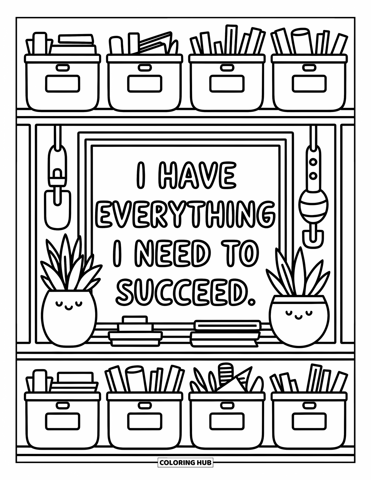 Affirmation Coloring Page for Adults: Baskets and books fill a shelf above a quote that reads "I have everything I need"