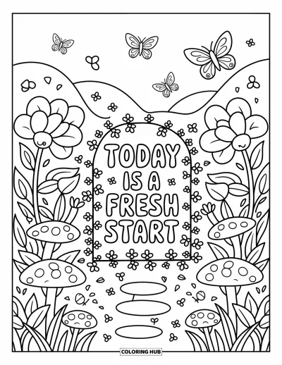 Affirmationstegning til voksne: Sommerfugle og kronblade svæver om et skilt med teksten "Today is a fresh start"