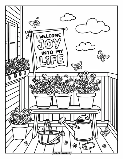 Affirmationstegning til voksne: Sommerfugle fletter rundt om et flag med "I welcome joy into my life"