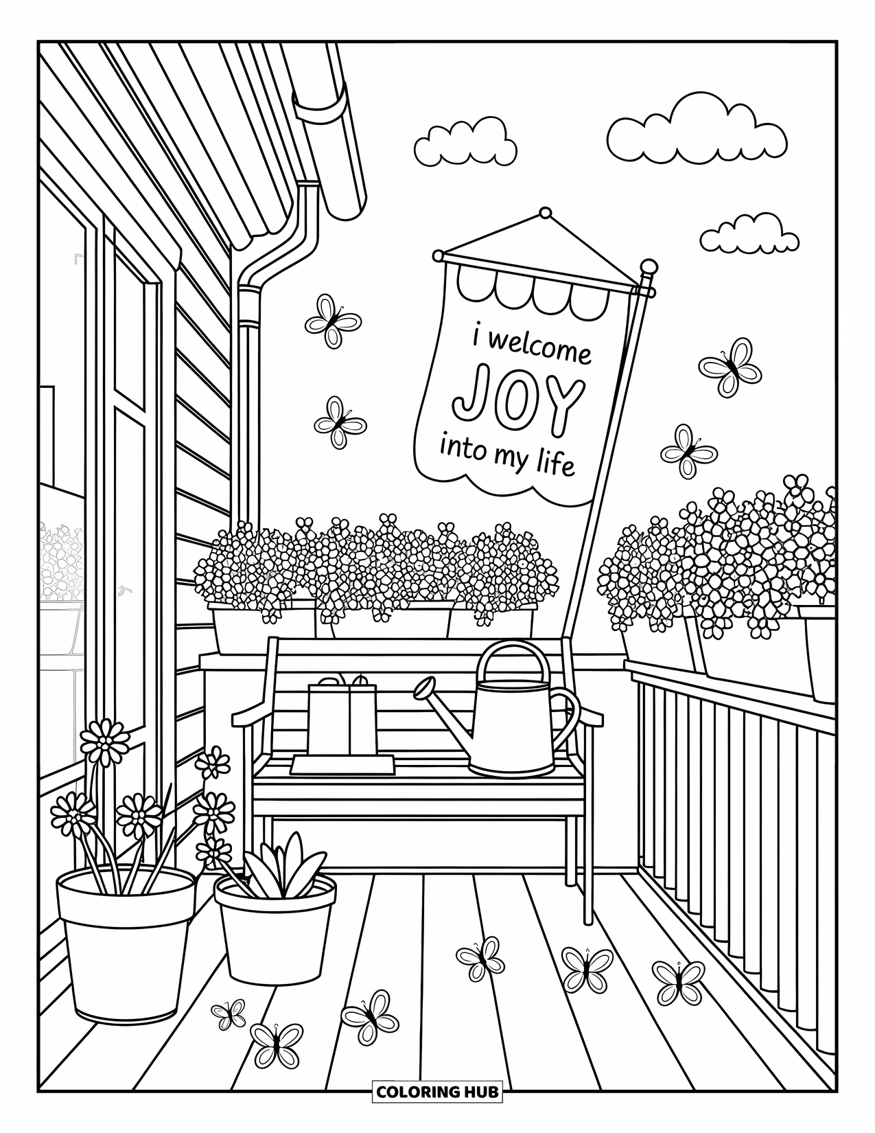 Affirmation Coloring Page for Adults: Flowers and tools rest near a flag that reads "I welcome joy into my life"