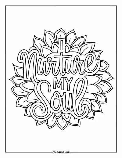 Affirmationstegning til voksne: Hjerteformede blade danner en mandala om "I Nurture My Soul"