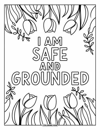 Affirmationstegning til voksne: "I Am Safe and Grounded" hviler inde i en tulipan- og liane-mandala